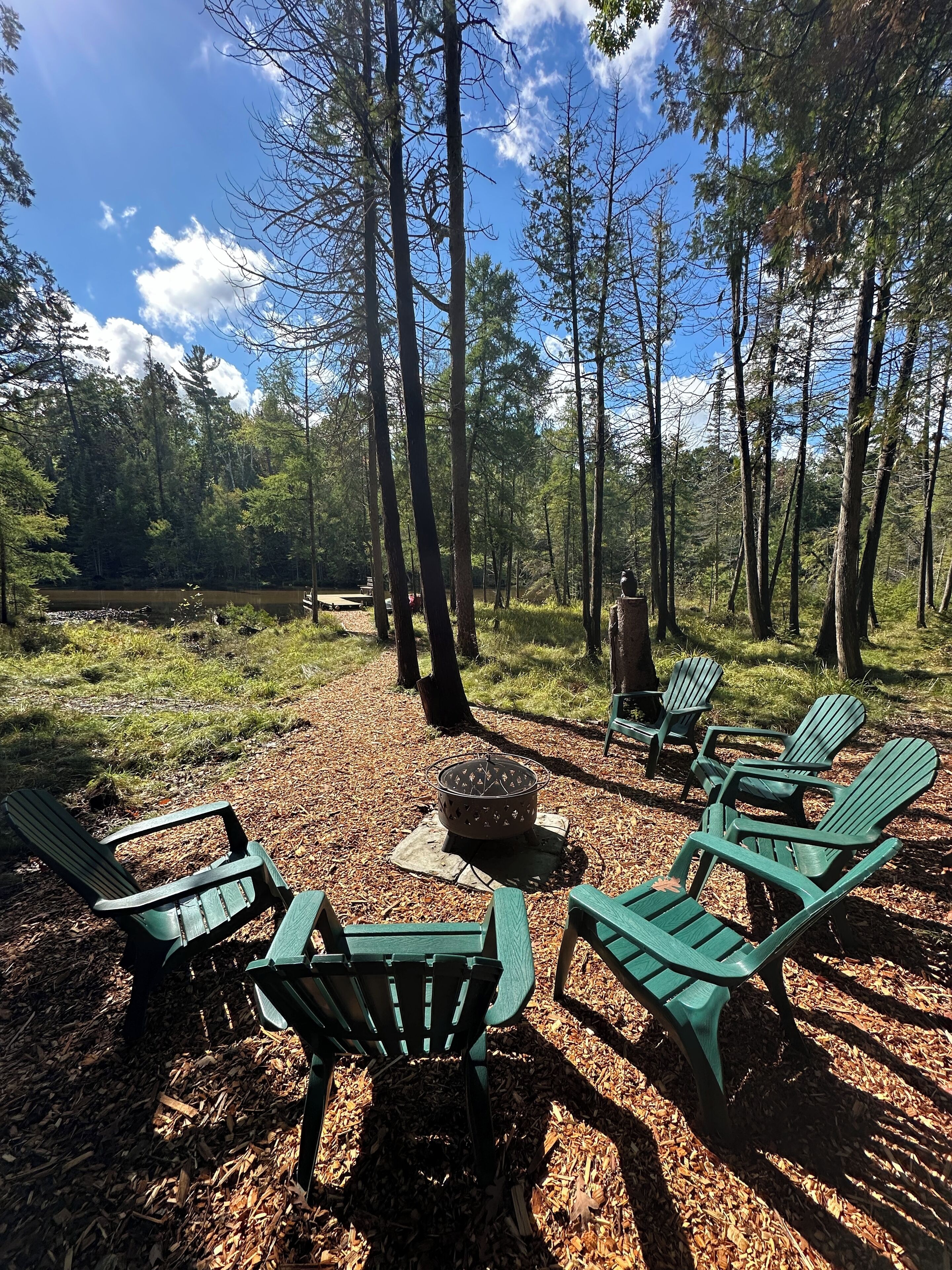 A forested campsite with green Adirondack chairs arranged around a central fire pit.