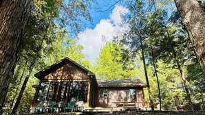 A cabin with a porch, surrounded by trees, and a set of steps leading up to it. - Riverside Cabin Near Torch Lake – Kayaks Included! (Rapid City)