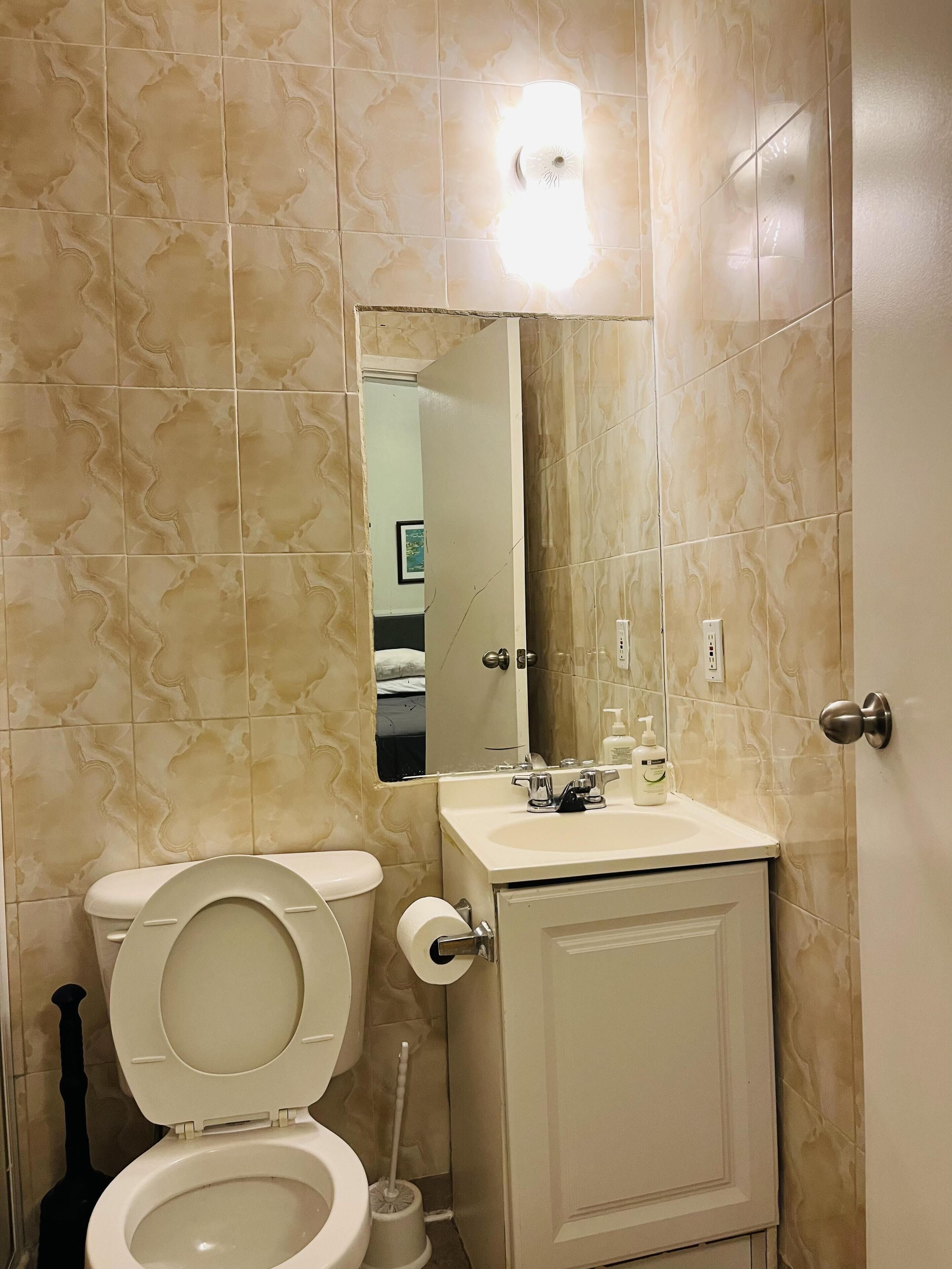 Hair dryer, towels, soap, shampoo