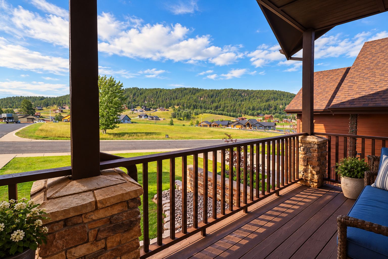 A wooden deck with a stone wall, a stone pillar, and a view of a rural landscape with houses and a road.