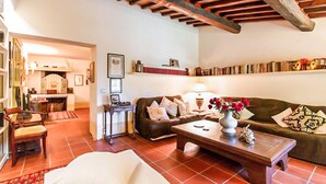 A cozy living room with a fireplace, a coffee table with flowers, a bookshelf, and a dining area with chairs. - Pet friendly home in Camaiore (Camaiore)