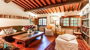 A cozy living room with a wooden ceiling, a fireplace, a bookshelf, and a comfortable seating area. - Pet friendly home in Camaiore (Camaiore)