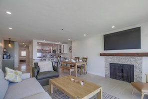 Smart TV, fireplace, books