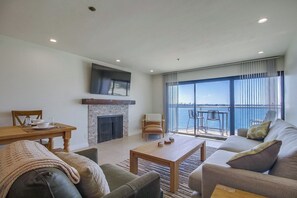 TV, fireplace, books