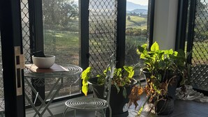 Un balcon avec une chaise en métal, une table sur laquelle se trouve un saladier, et des plantes en pot.