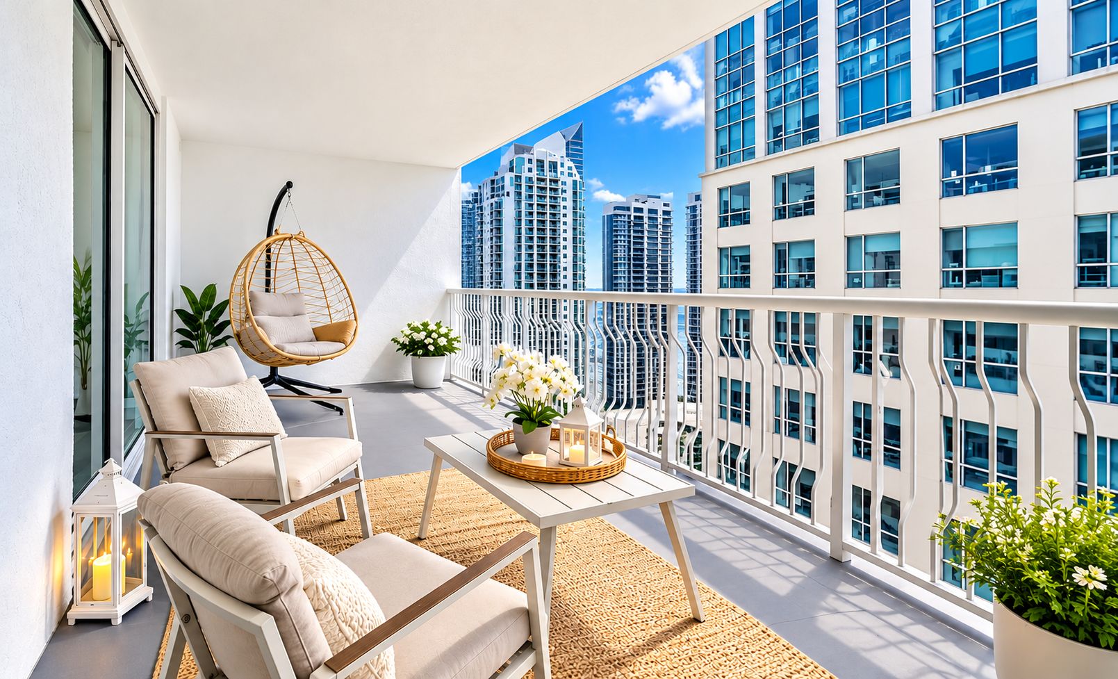 Un balcón con una silla blanca, una silla colgante, una mesa con flores y vistas a edificios altos.