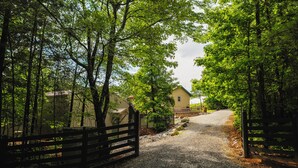 Un chemin de gravier mène à une maison entourée d’arbres.