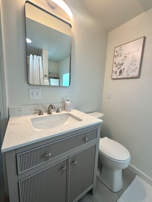 A bathroom with a white sink, a mirror, a toilet, and a wall-mounted shelf with toiletries. - 601 Serenity Loft in Cookeville  (Cookeville)