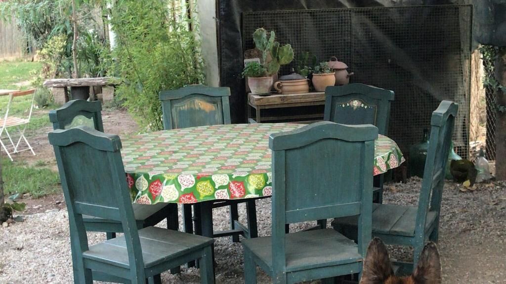 A patio with a table and chairs, surrounded by potted plants and a wooden fence.