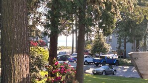 A parking lot with several cars, trees, and a grassy area.