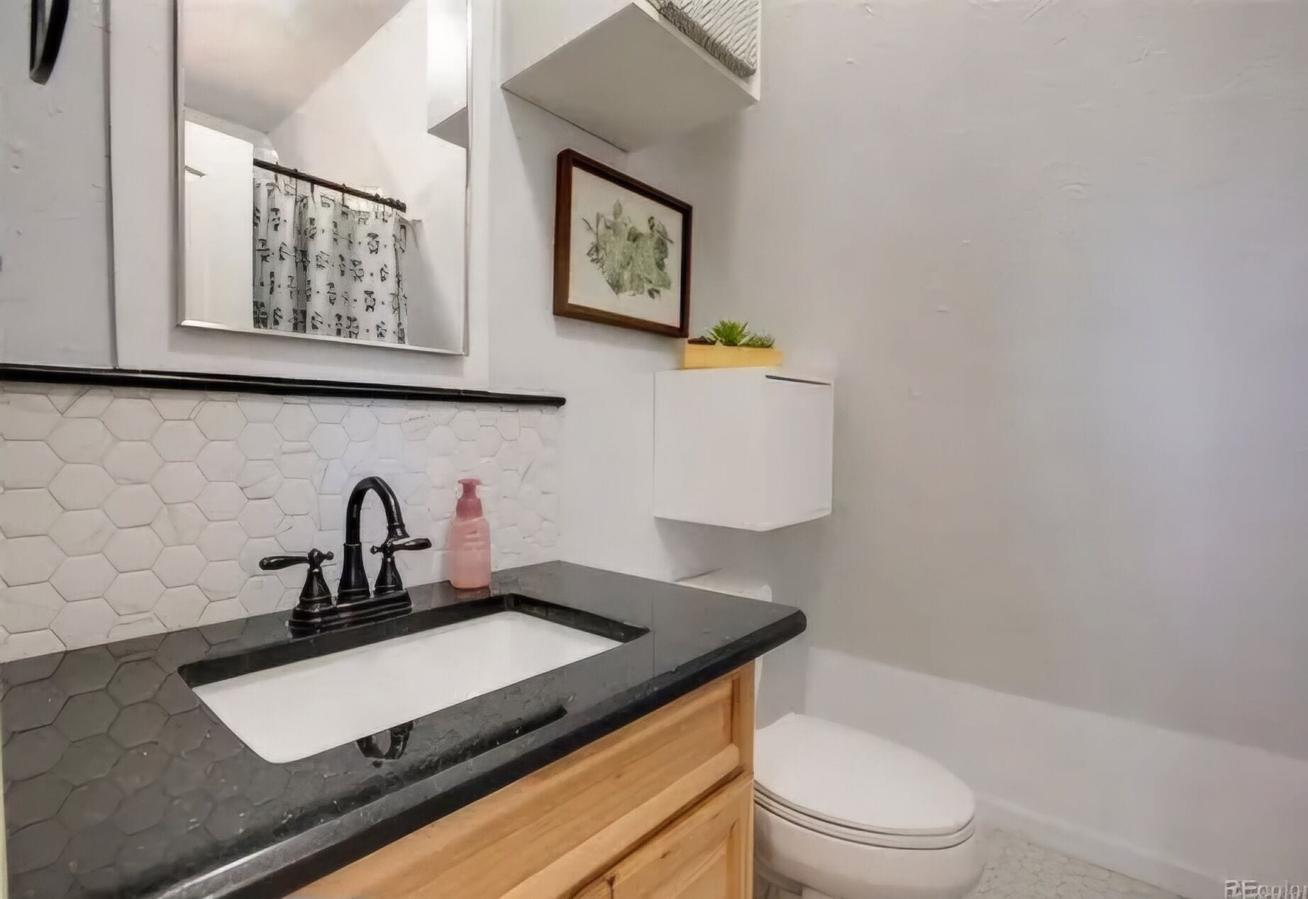 A bathroom with a black countertop sink, a mirror, a toilet, and a small shelf with a plant.