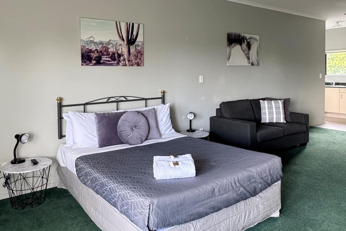 A modern bedroom with a large bed, a sofa, and two wall-mounted artworks.