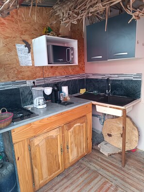 Fridge, microwave, stovetop, electric kettle