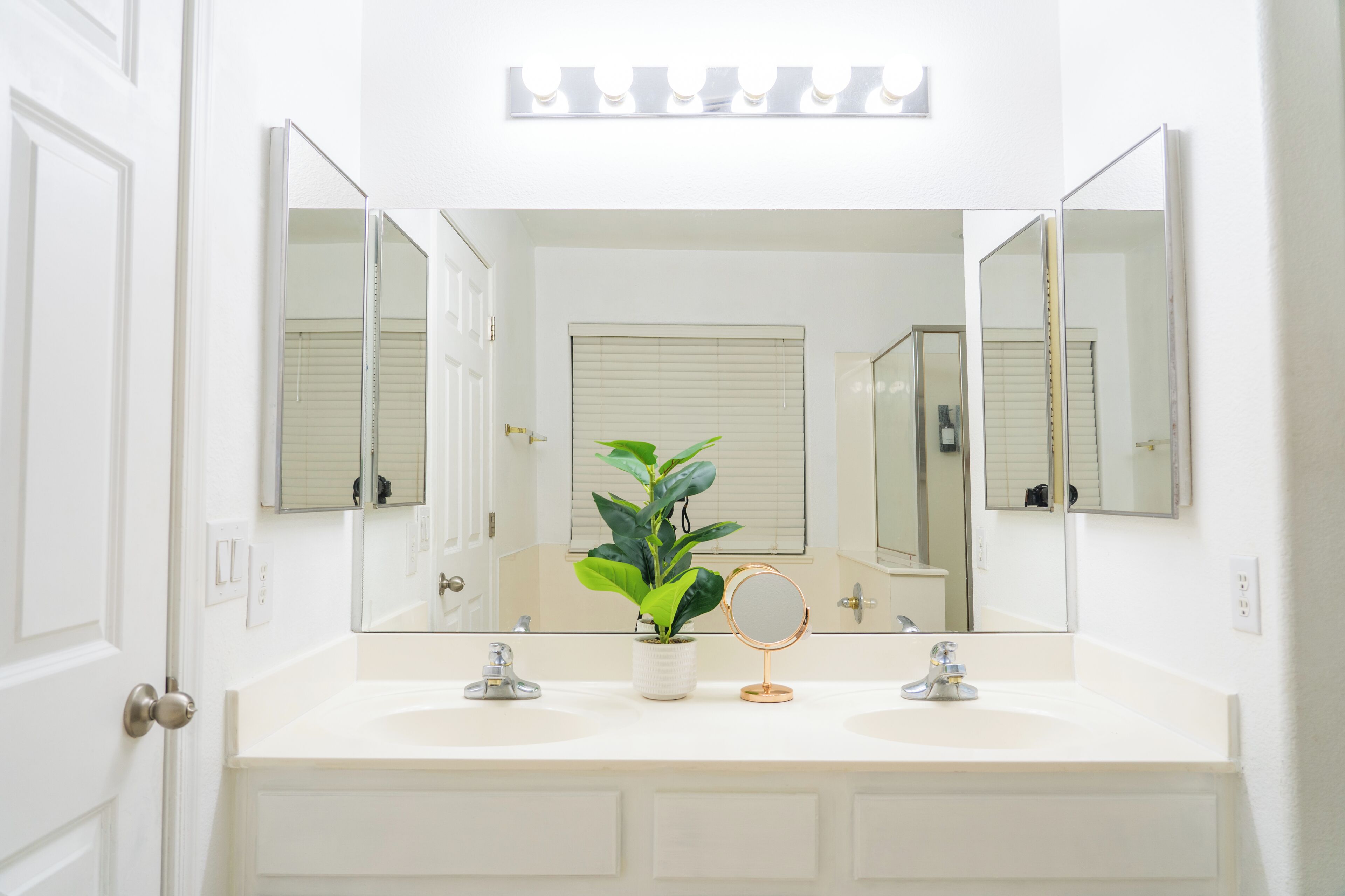 A bathroom with two sinks, a potted plant, a small round mirror, and a vanity mirror.