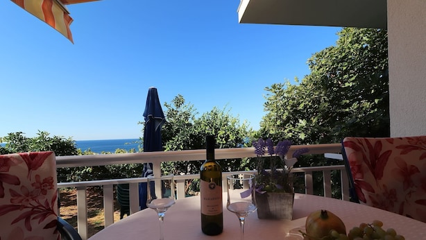 Et bord med en vinflaske, to glas, en skål med druer og en granatæble på en balkon med udsigt over havet.