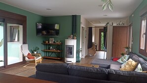 A living room with a sofa, a TV, a fireplace, and a wooden floor.