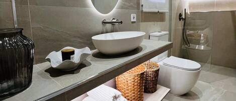 Hair dryer, towels, soap, toilet paper