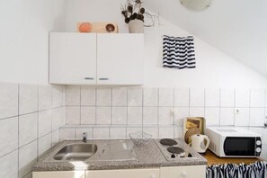 Fridge, microwave, stovetop, dining tables