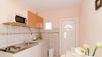 Frigorífico, microondas y placa de cocina