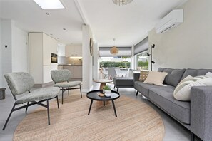 TV, fireplace, video library