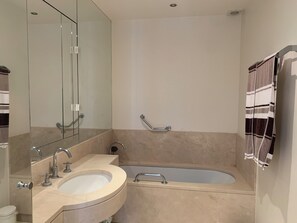 Hair dryer, towels, soap, shampoo