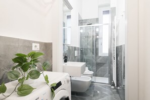 Shower, hair dryer, bidet, towels