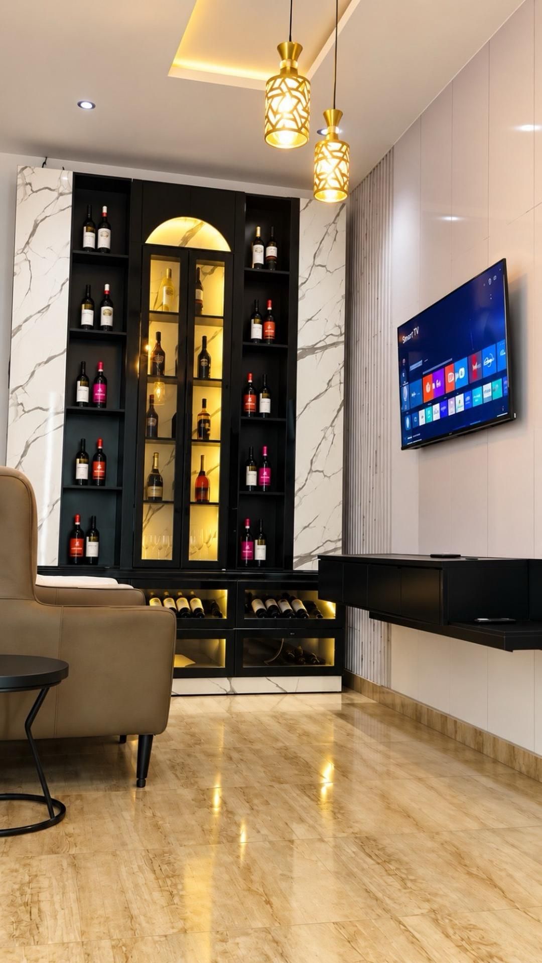 A modern living room with a wine rack, a sofa, and a flat-screen TV mounted on the wall.