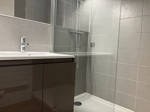 A modern bathroom with a shower, a sink, and a mirror.