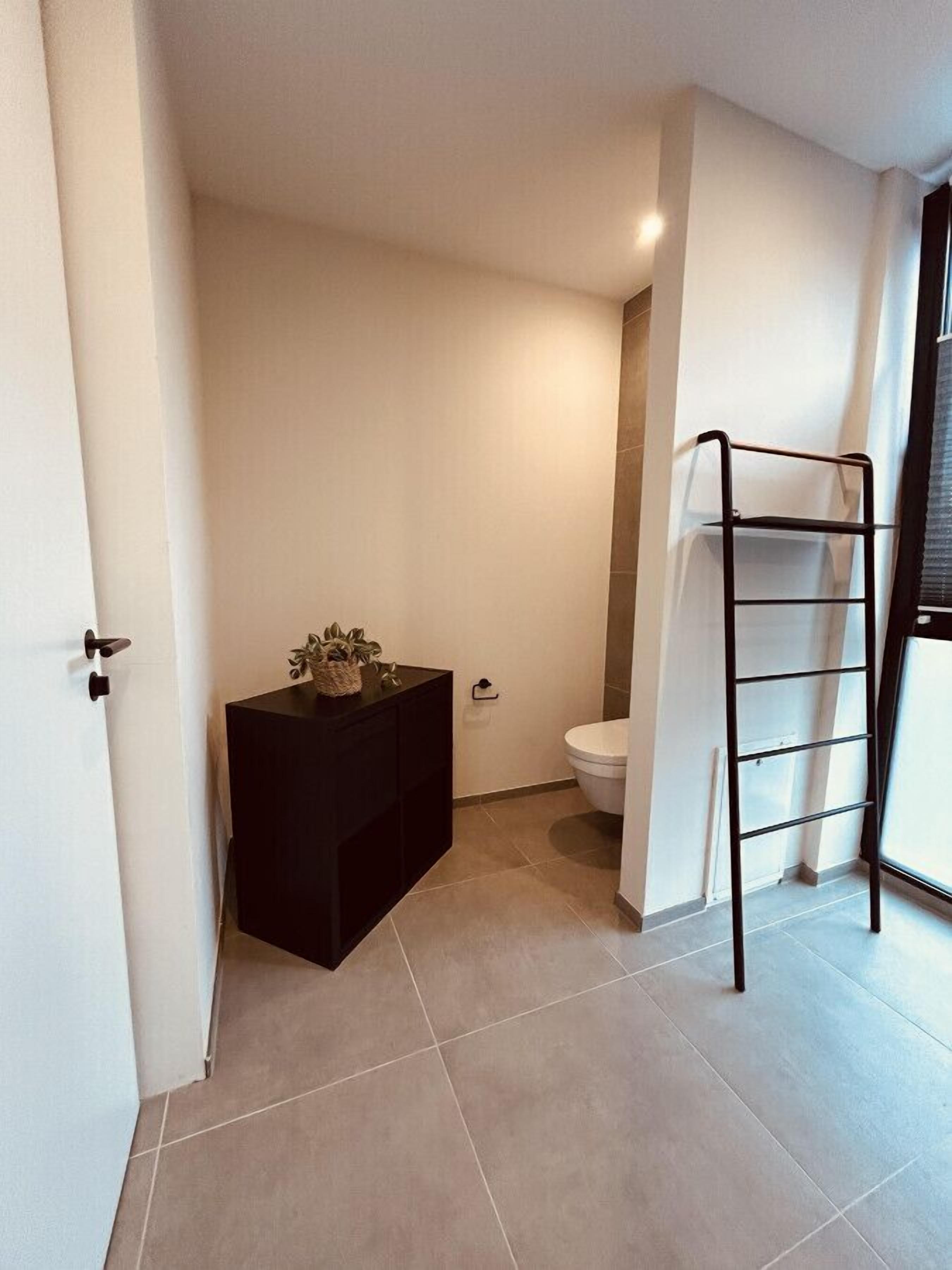 Een moderne badkamer met toilet, een klein kastje met een plant en een zwart metalen plank.