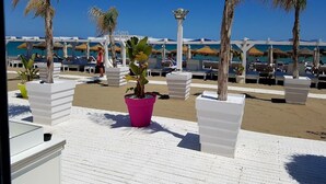 A beachside hotel with white lounge chairs and umbrellas, palm trees, and a clear blue sky.