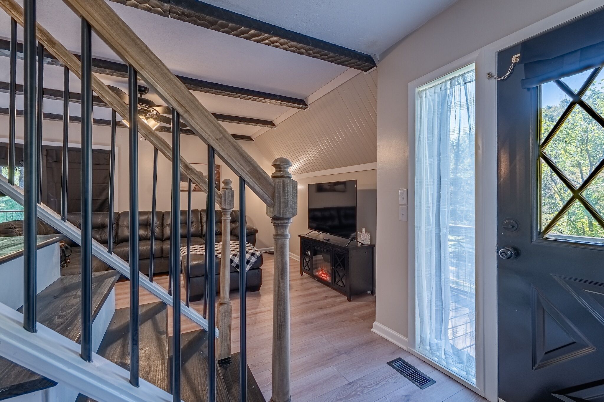 TV, fireplace, books