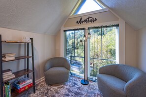 TV, fireplace, books