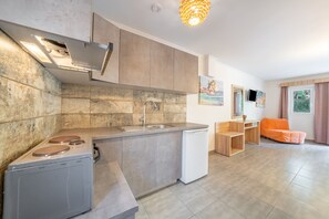 Fridge, oven, stovetop, cookware/dishes/utensils