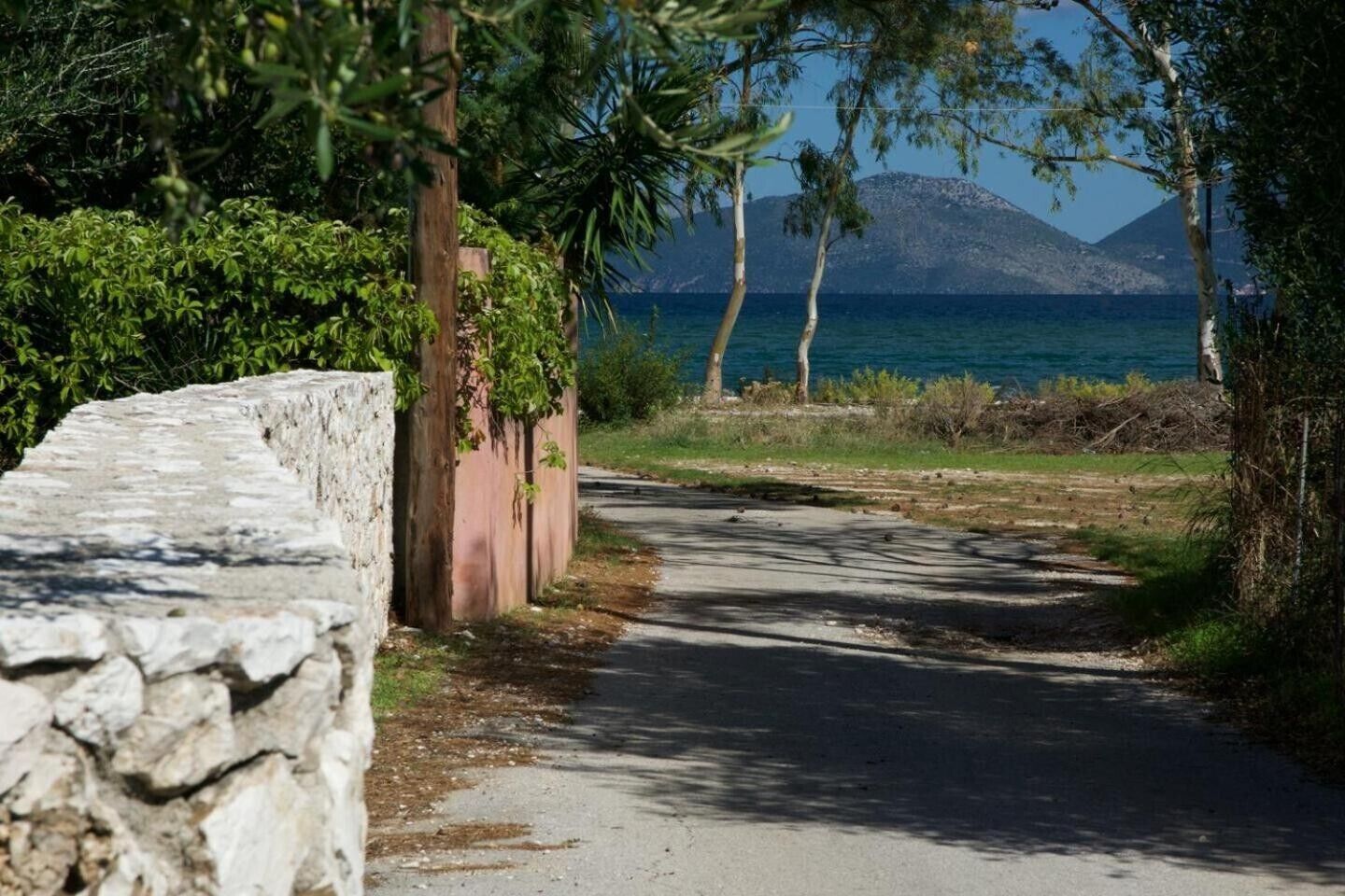 A narrow road leading to a coastal area with a stone wall on the left and trees on the right.
