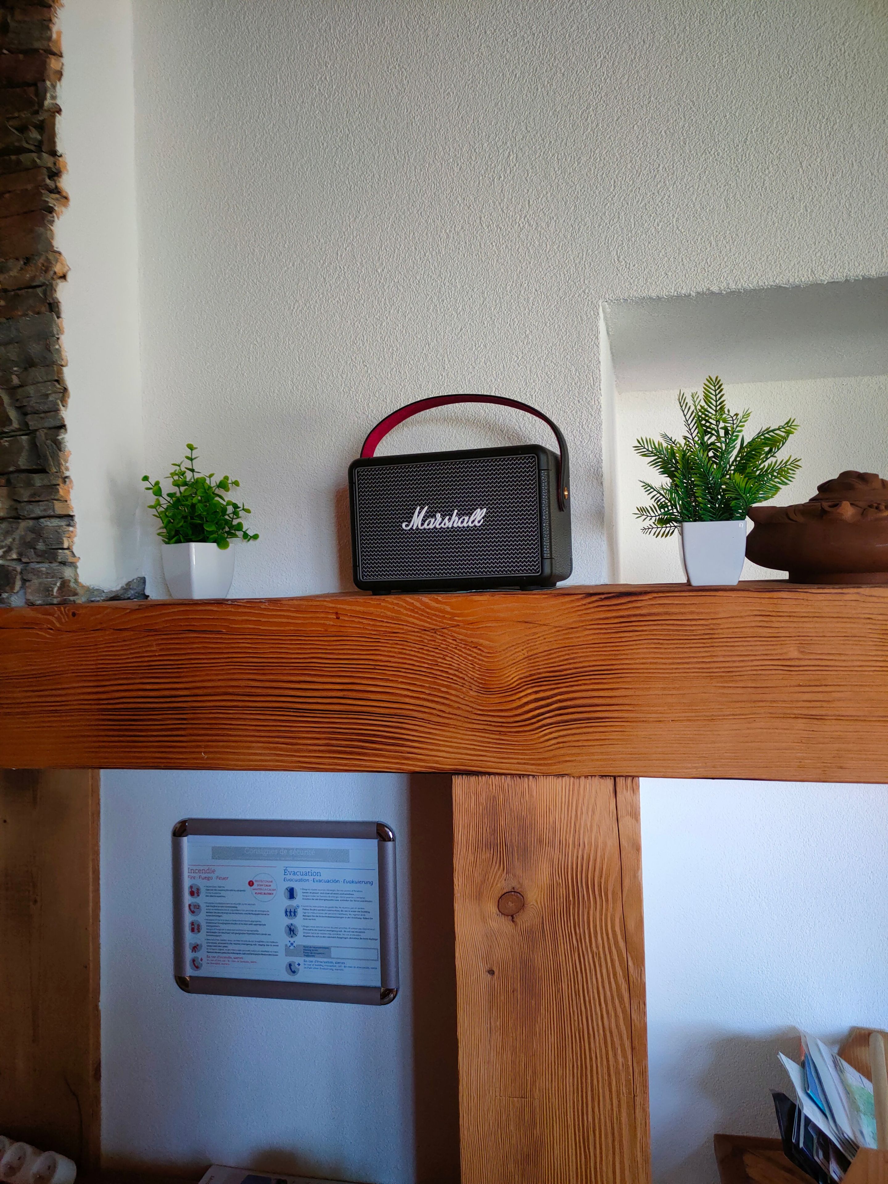 Una estantería de madera con un altavoz Marshall negro, dos pequeñas macetas y una placa debajo.