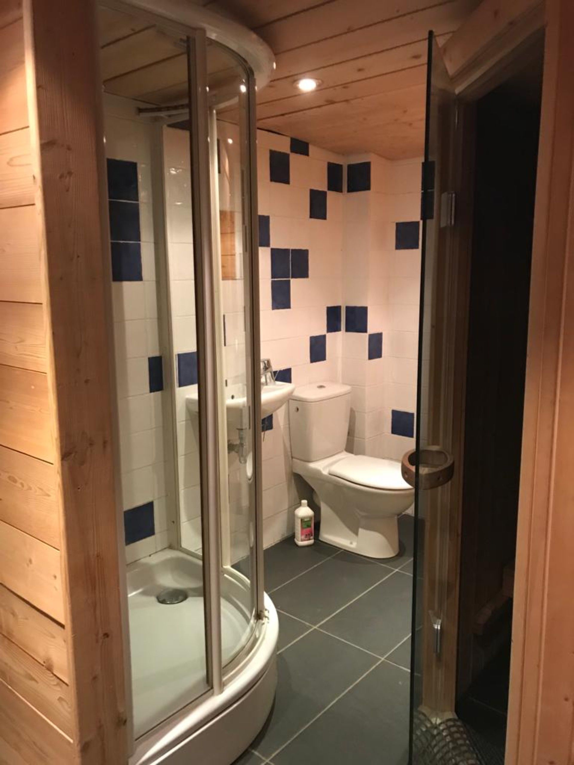 A bathroom with a glass-enclosed shower, a toilet, and a sink.