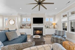 Smart TV, fireplace, books