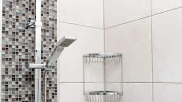 Shower, hair dryer, shampoo