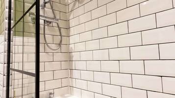 Shower, hair dryer, shampoo