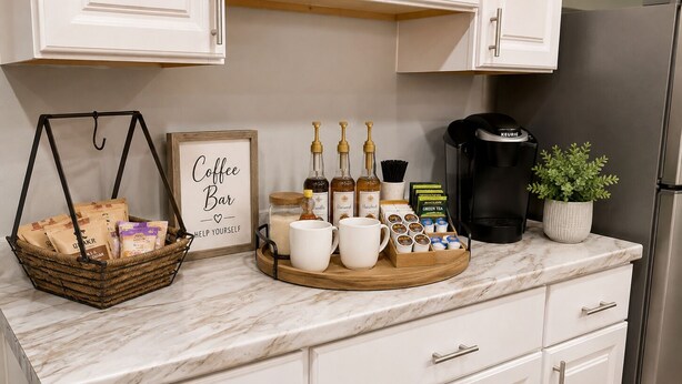 Una encimera de cocina con una estación de café que incluye un cesto, tazas de café, una cafetera Keurig y una planta en maceta.