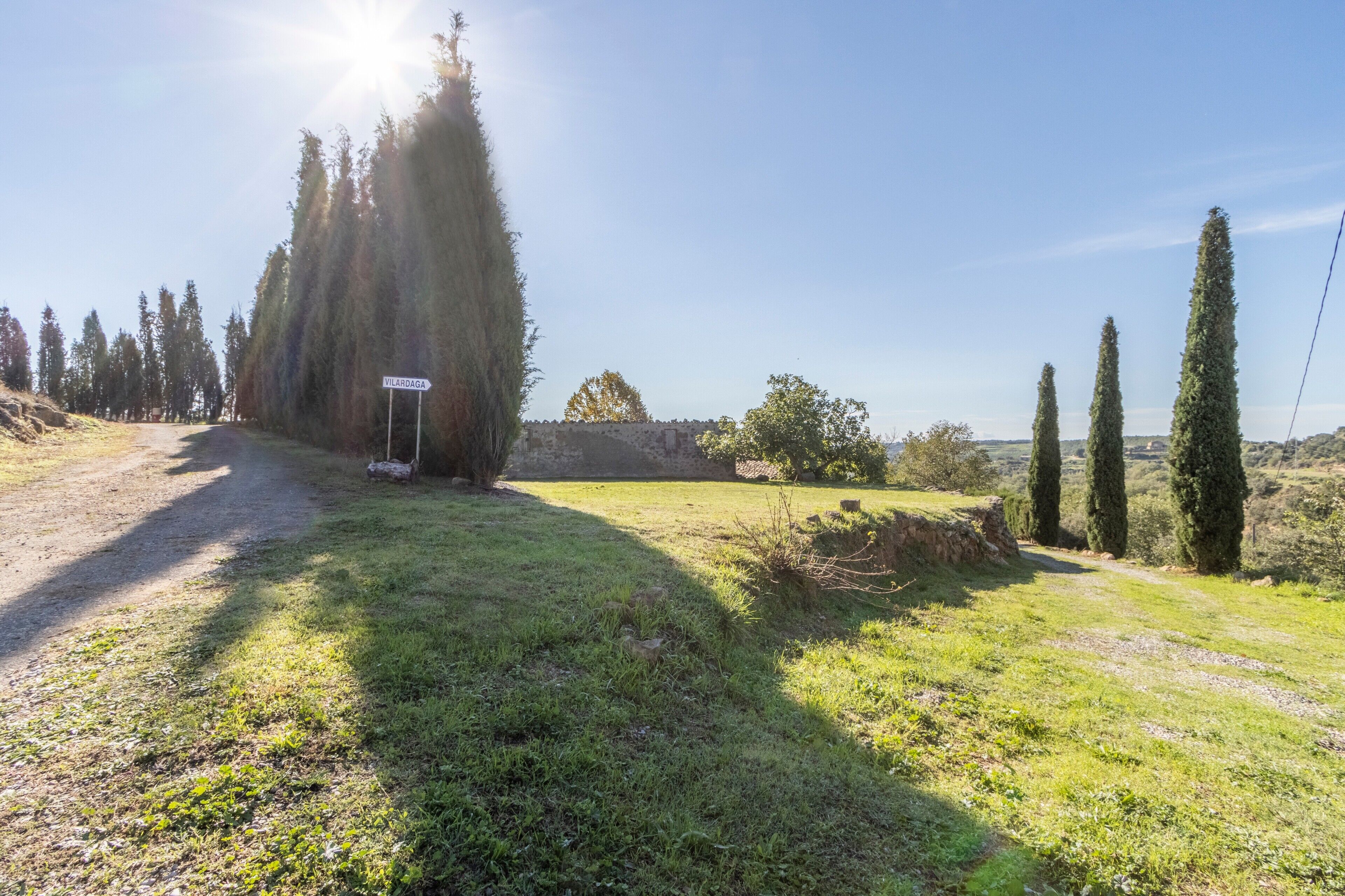 A rural road with a signpost, a stone wall, and tall cypress trees.