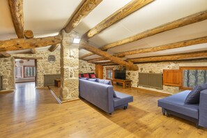 Télévision, cheminée, table de tennis de table