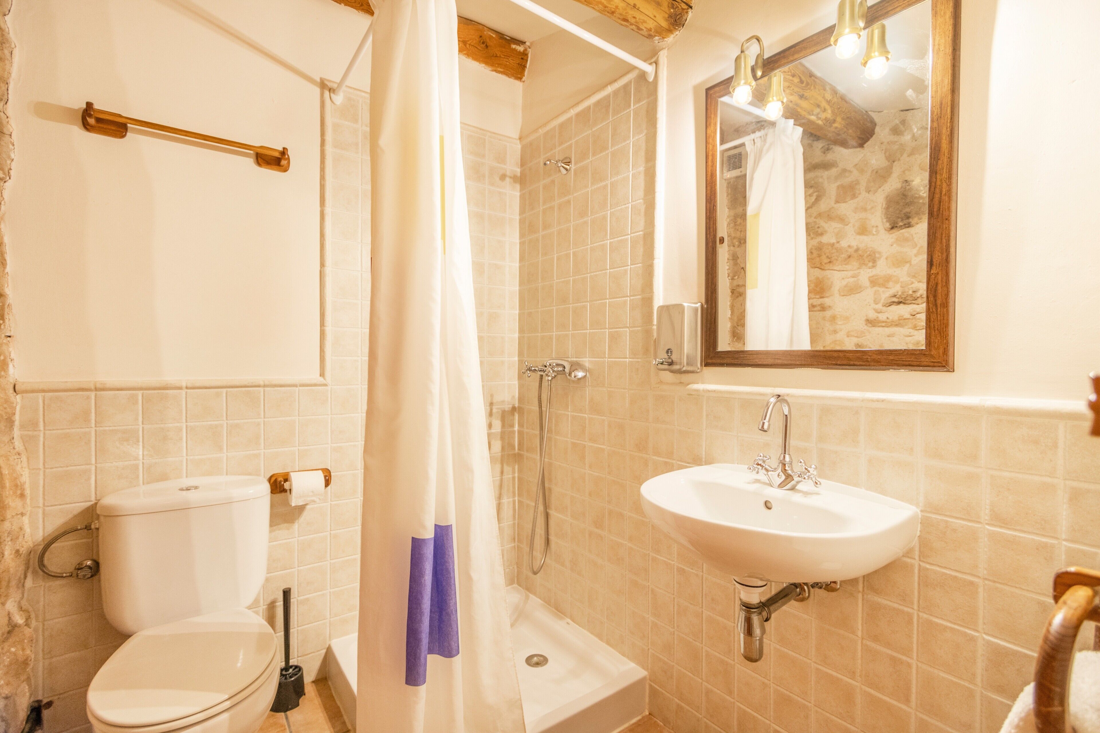 A bathroom with a toilet, shower, sink, and a mirror.