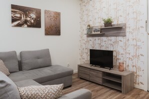 Una sala de estar moderna con un sofá gris, un televisor de pantalla plana sobre un soporte de madera y decoración en la pared.