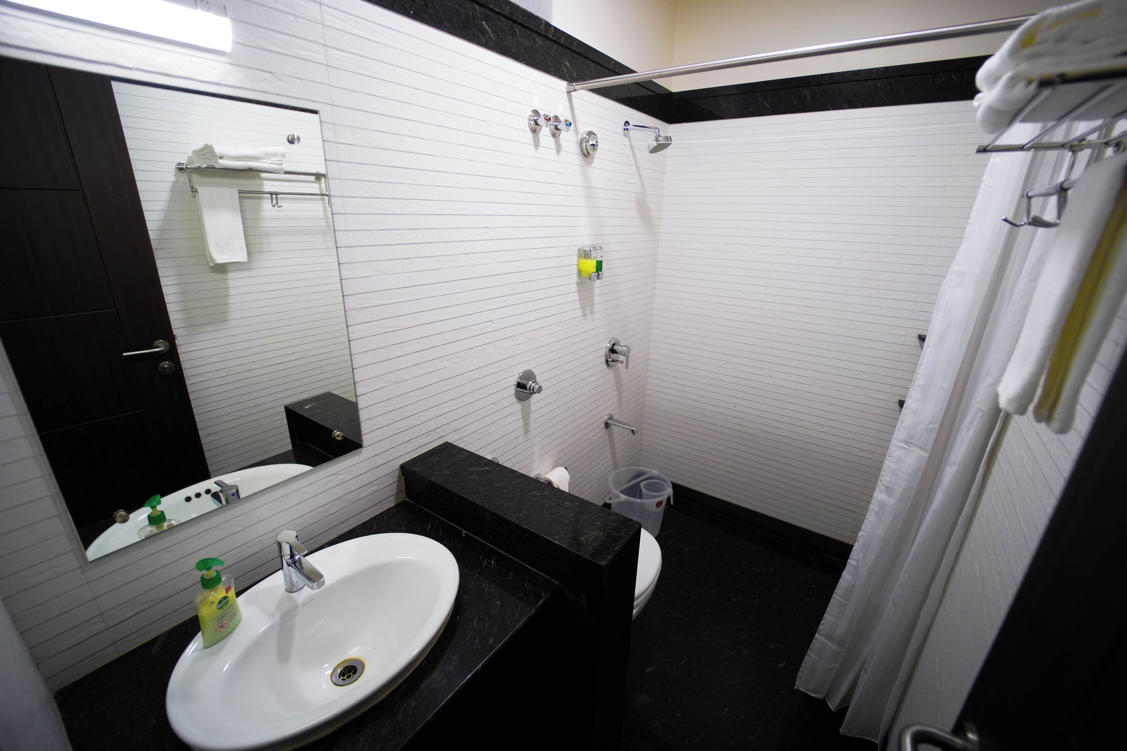 A bathroom with a white sink, black countertop, and a mirror above it. There is a shower curtain and a towel rack visible.
