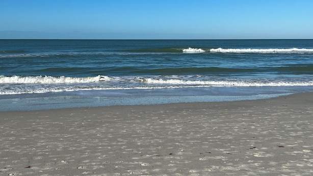 Una playa con olas, cielo despejado y una orilla arenosa.