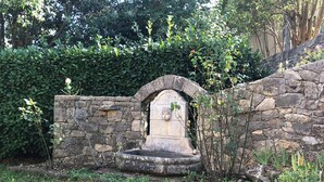 A stone fountain with a statue in the center, surrounded by lush greenery and a stone wall.