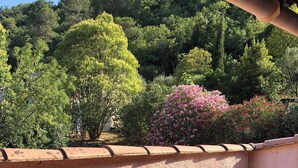 A terrace with a table and chairs, overlooking a garden with trees and pink flowers.