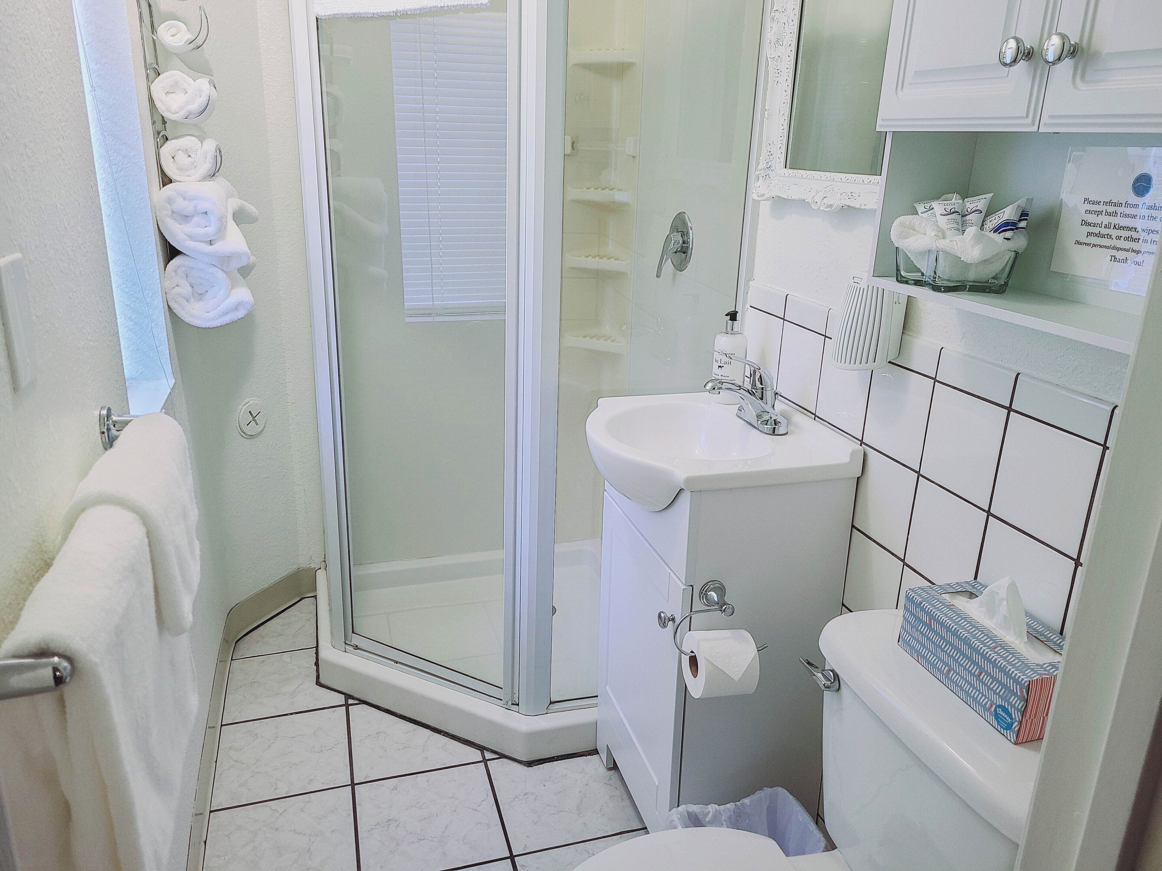 Douche, sèche-cheveux, serviettes fournies, savon