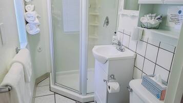 Shower, hair dryer, towels, soap